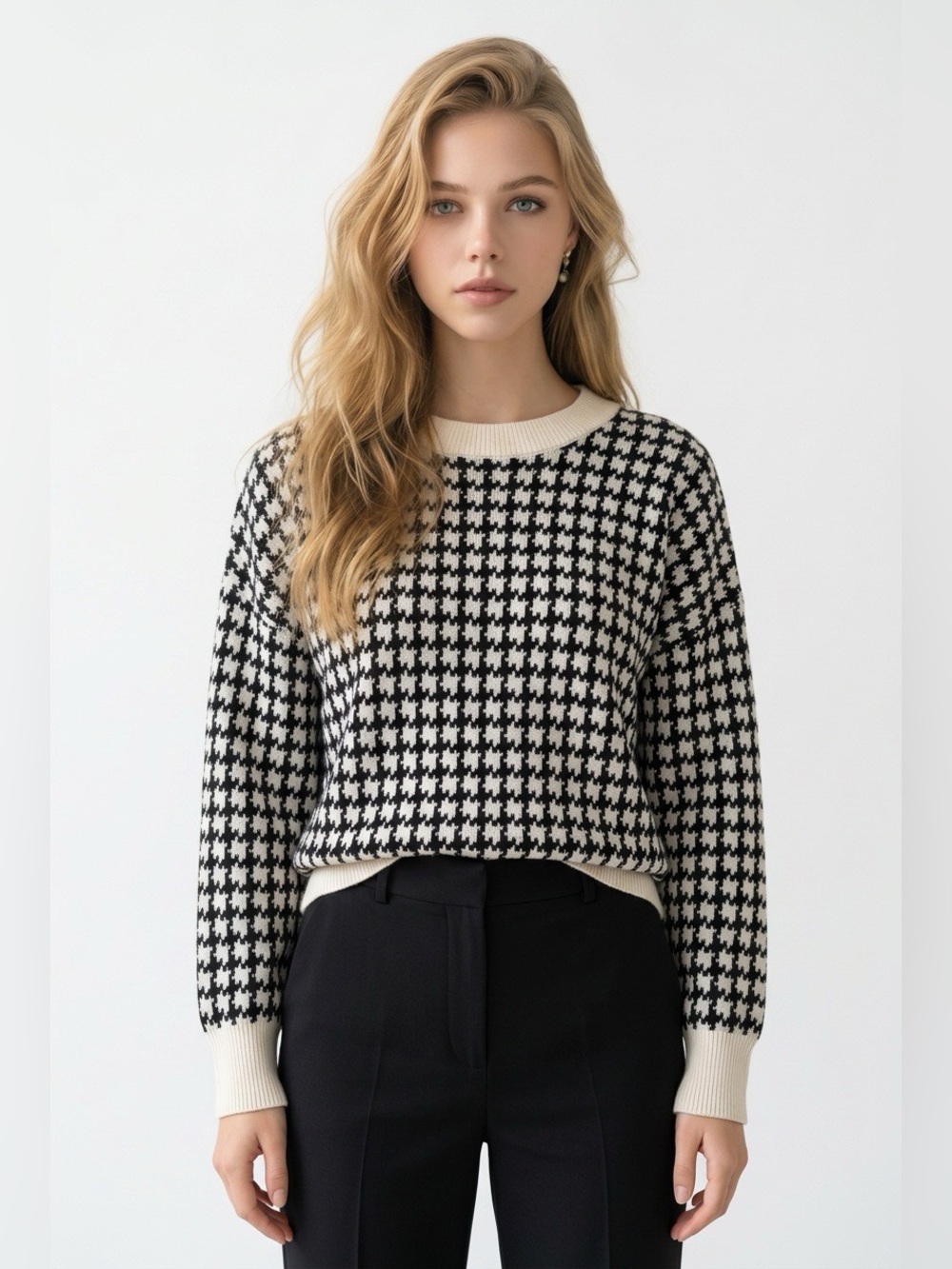 Black and Cream Houndstooth Crewneck Sweater - Women's